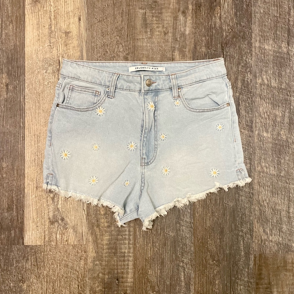 Distressed Daisy Embroidered Denim Shorts, size 30, 2.5” inseam